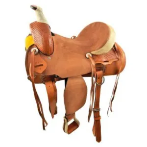 16" MEDIUM OIL HARD SEAT ROPER STYLE SADDLE WITH ROUGH OUT FENDERS & JOCKEYS WITH BASKET STAMP TOOLING