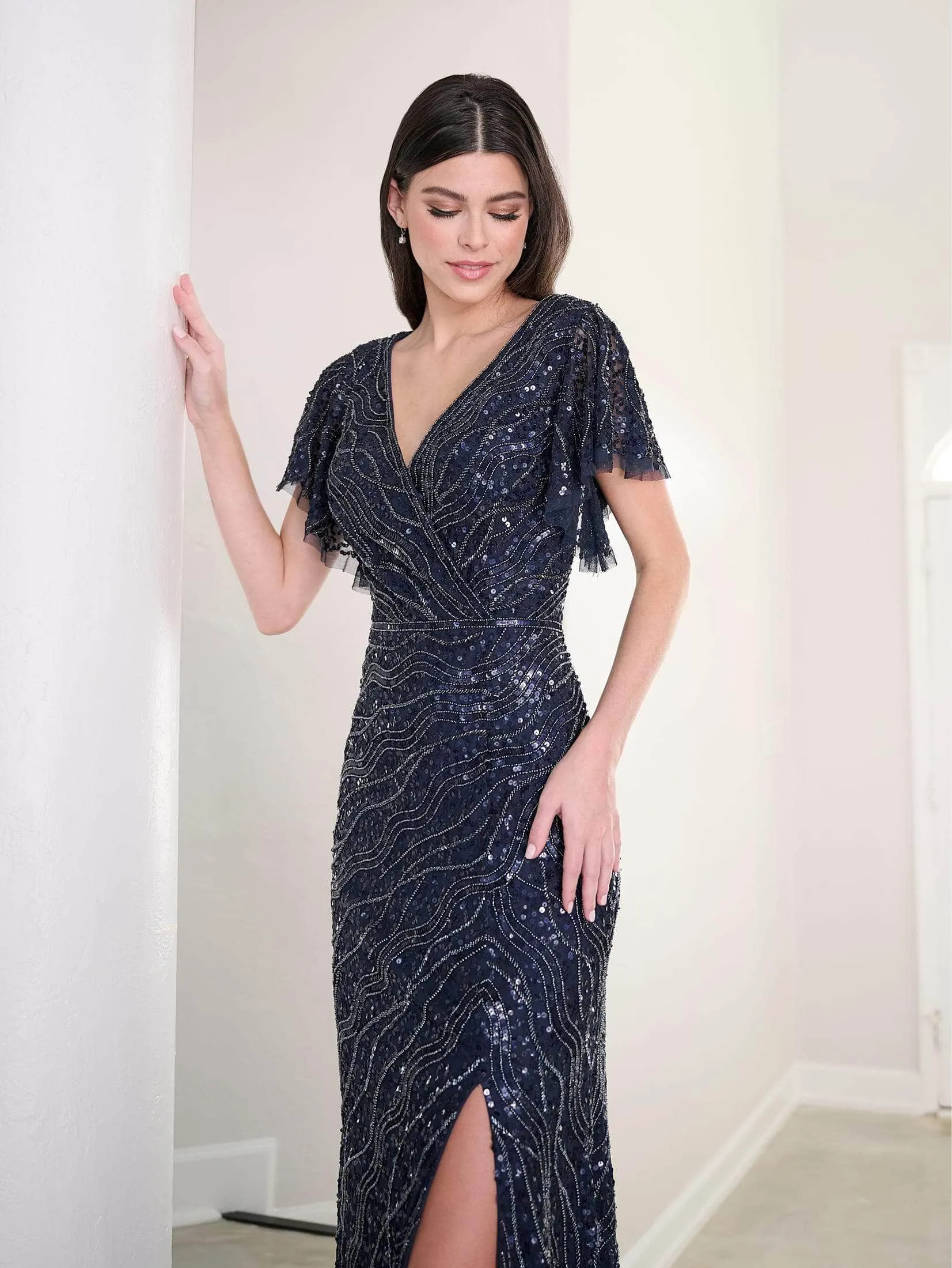 Adrianna Papell Platinum 40455 - Embellished Short Sleeve Evening Gown