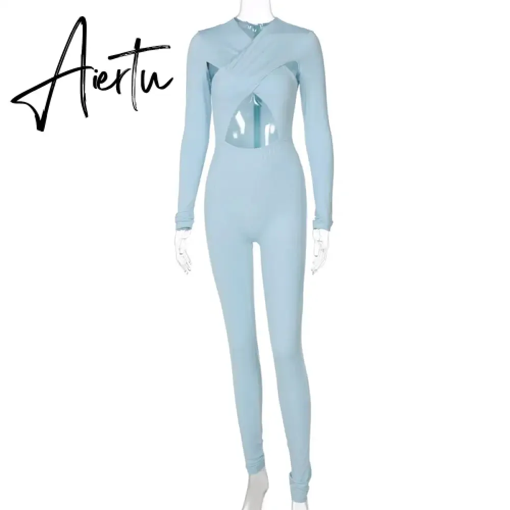 Aiertu Solid Hollow Out Revealing Long Sleeves Slim Bodycon Jumpsuit Summer Women Fashion Sexy Sport Party Club Robe Y2K