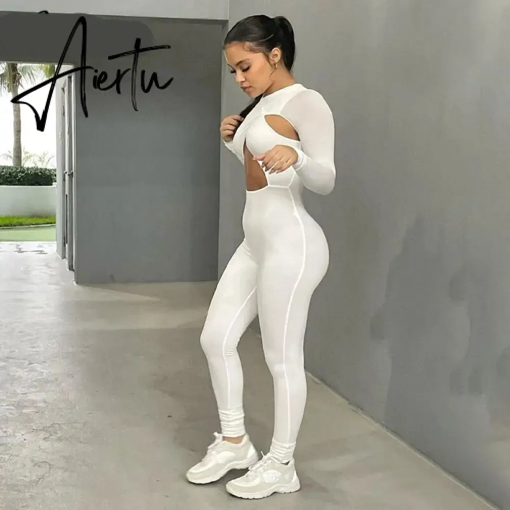 Aiertu Solid Hollow Out Revealing Long Sleeves Slim Bodycon Jumpsuit Summer Women Fashion Sexy Sport Party Club Robe Y2K