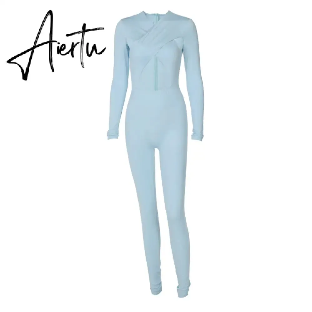 Aiertu Solid Hollow Out Revealing Long Sleeves Slim Bodycon Jumpsuit Summer Women Fashion Sexy Sport Party Club Robe Y2K