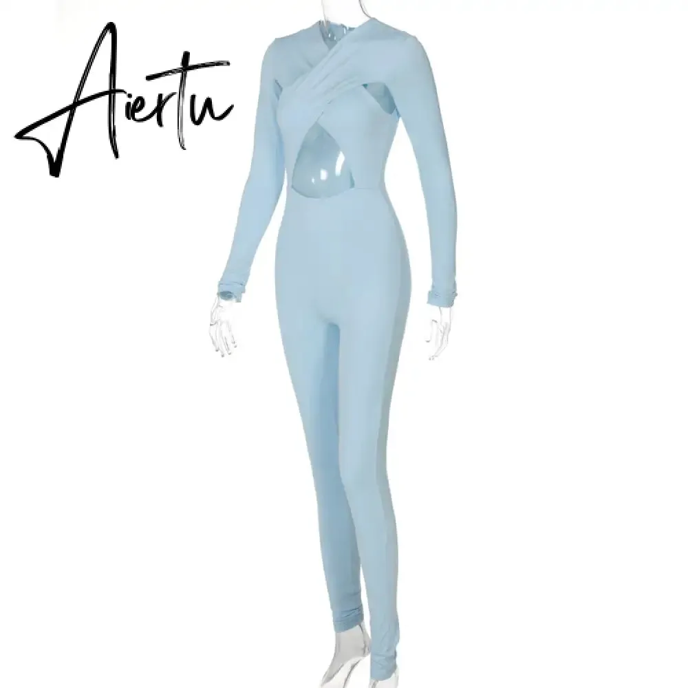 Aiertu Solid Hollow Out Revealing Long Sleeves Slim Bodycon Jumpsuit Summer Women Fashion Sexy Sport Party Club Robe Y2K