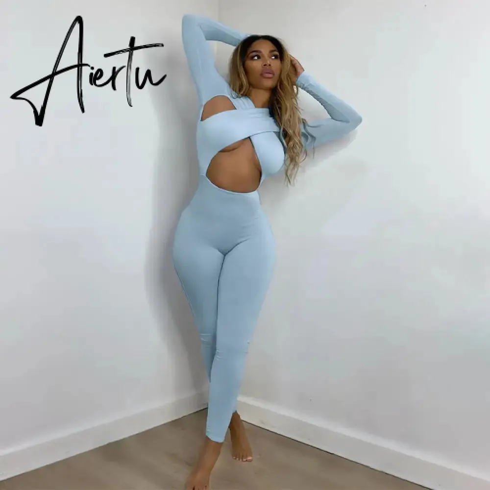 Aiertu Solid Hollow Out Revealing Long Sleeves Slim Bodycon Jumpsuit Summer Women Fashion Sexy Sport Party Club Robe Y2K