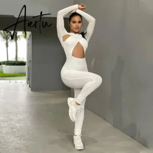 Aiertu Solid Hollow Out Revealing Long Sleeves Slim Bodycon Jumpsuit Summer Women Fashion Sexy Sport Party Club Robe Y2K