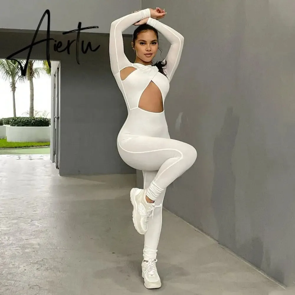 Aiertu Solid Hollow Out Revealing Long Sleeves Slim Bodycon Jumpsuit Summer Women Fashion Sexy Sport Party Club Robe Y2K