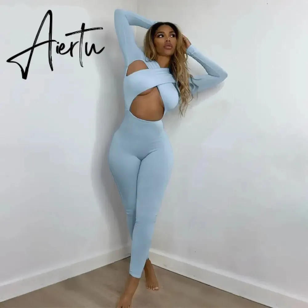 Aiertu Solid Hollow Out Revealing Long Sleeves Slim Bodycon Jumpsuit Summer Women Fashion Sexy Sport Party Club Robe Y2K