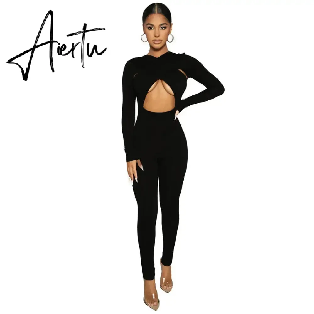 Aiertu Solid Hollow Out Revealing Long Sleeves Slim Bodycon Jumpsuit Summer Women Fashion Sexy Sport Party Club Robe Y2K