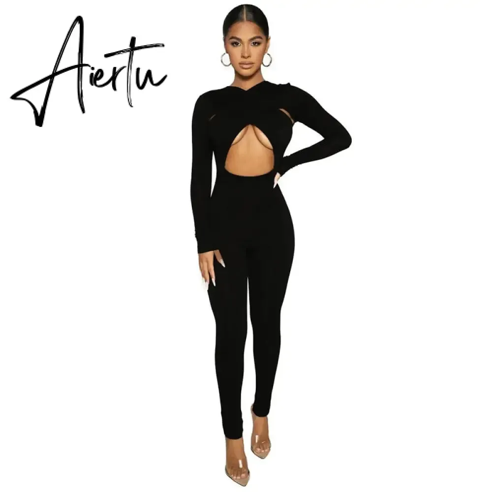 Aiertu Solid Hollow Out Revealing Long Sleeves Slim Bodycon Jumpsuit Summer Women Fashion Sexy Sport Party Club Robe Y2K