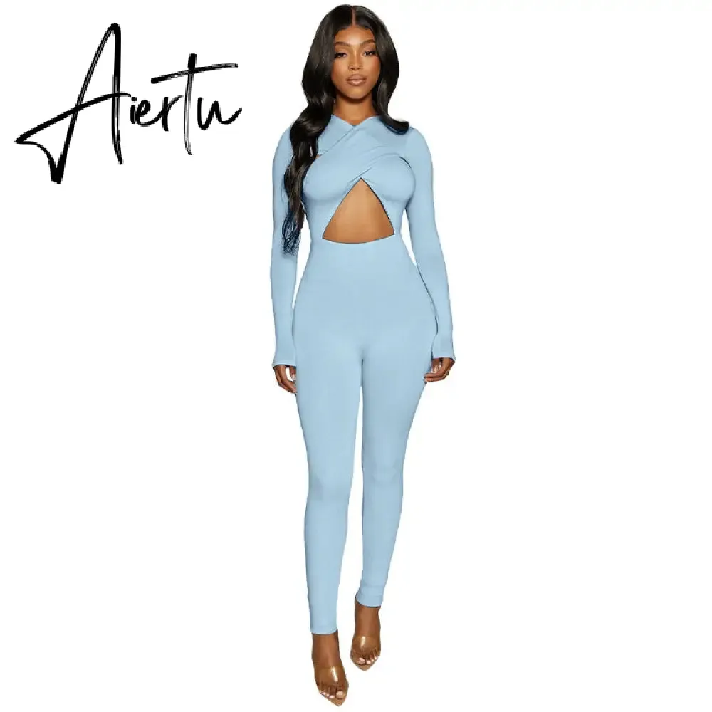 Aiertu Solid Hollow Out Revealing Long Sleeves Slim Bodycon Jumpsuit Summer Women Fashion Sexy Sport Party Club Robe Y2K