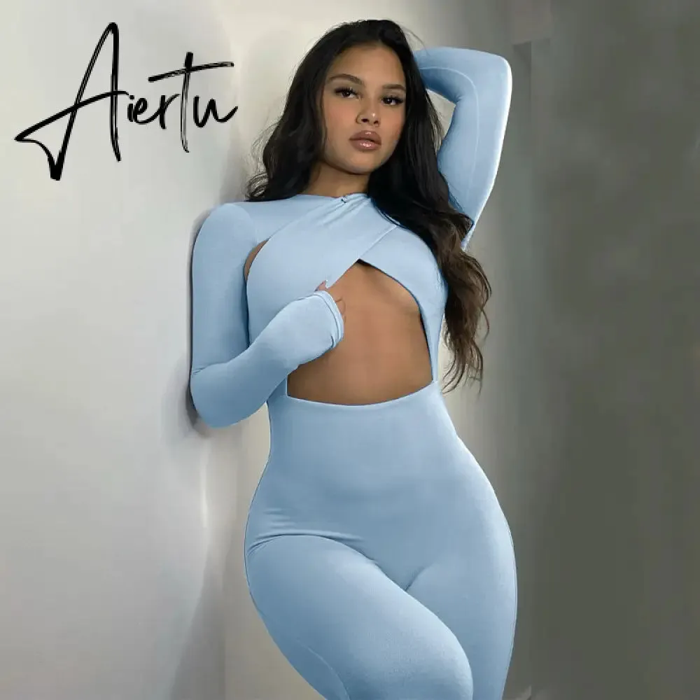 Aiertu Solid Hollow Out Revealing Long Sleeves Slim Bodycon Jumpsuit Summer Women Fashion Sexy Sport Party Club Robe Y2K