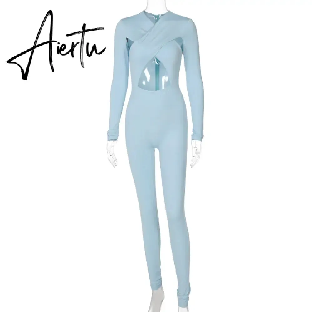 Aiertu Solid Hollow Out Revealing Long Sleeves Slim Bodycon Jumpsuit Summer Women Fashion Sexy Sport Party Club Robe Y2K