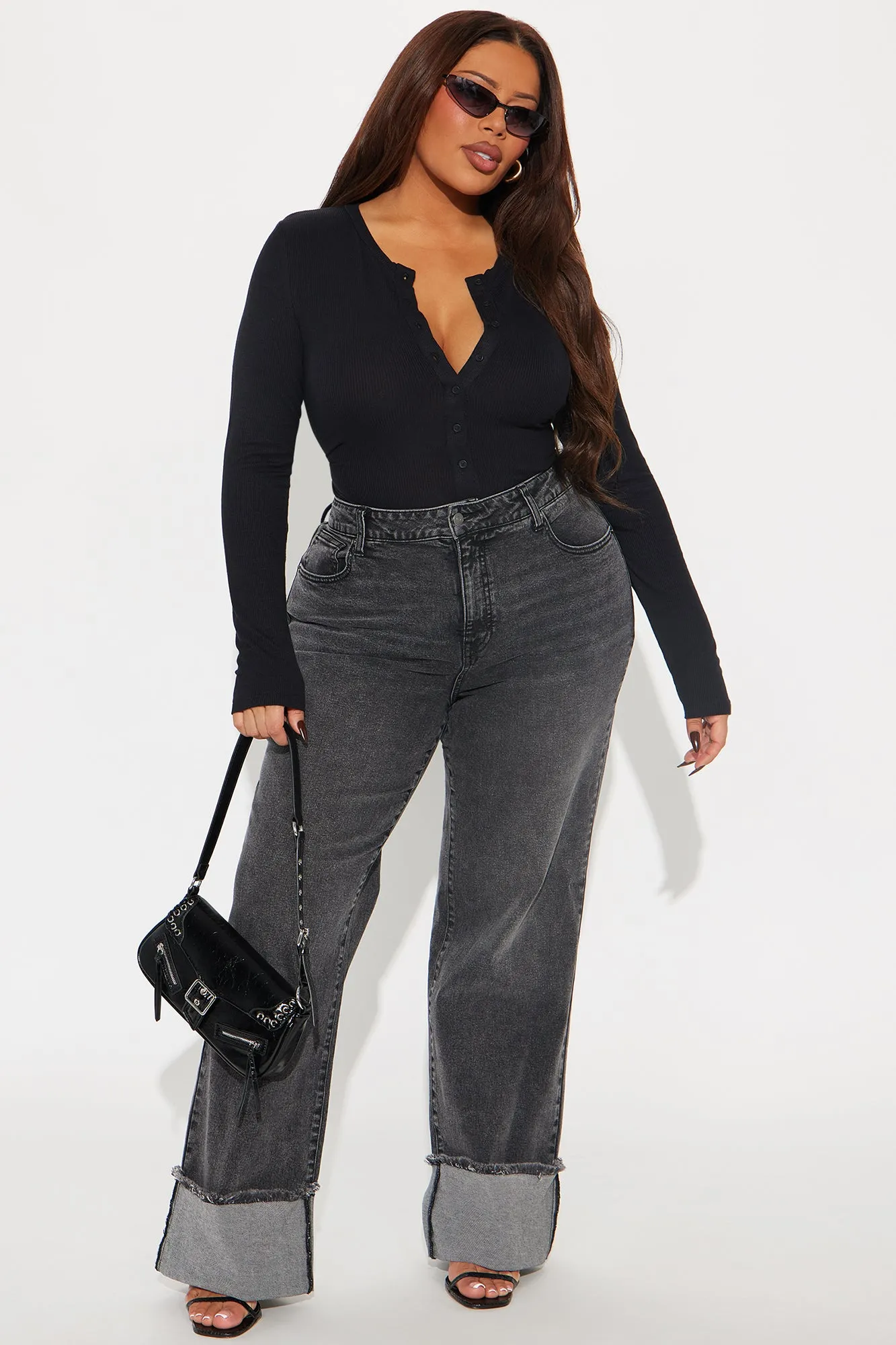 All The While Cuffed Wide Leg Jeans - Black Wash