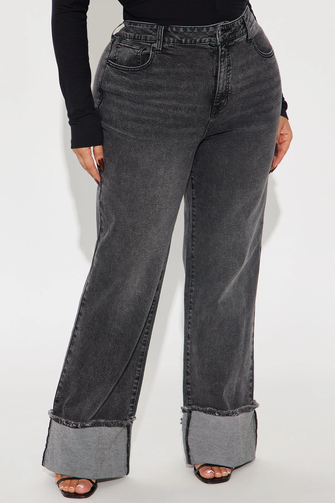All The While Cuffed Wide Leg Jeans - Black Wash