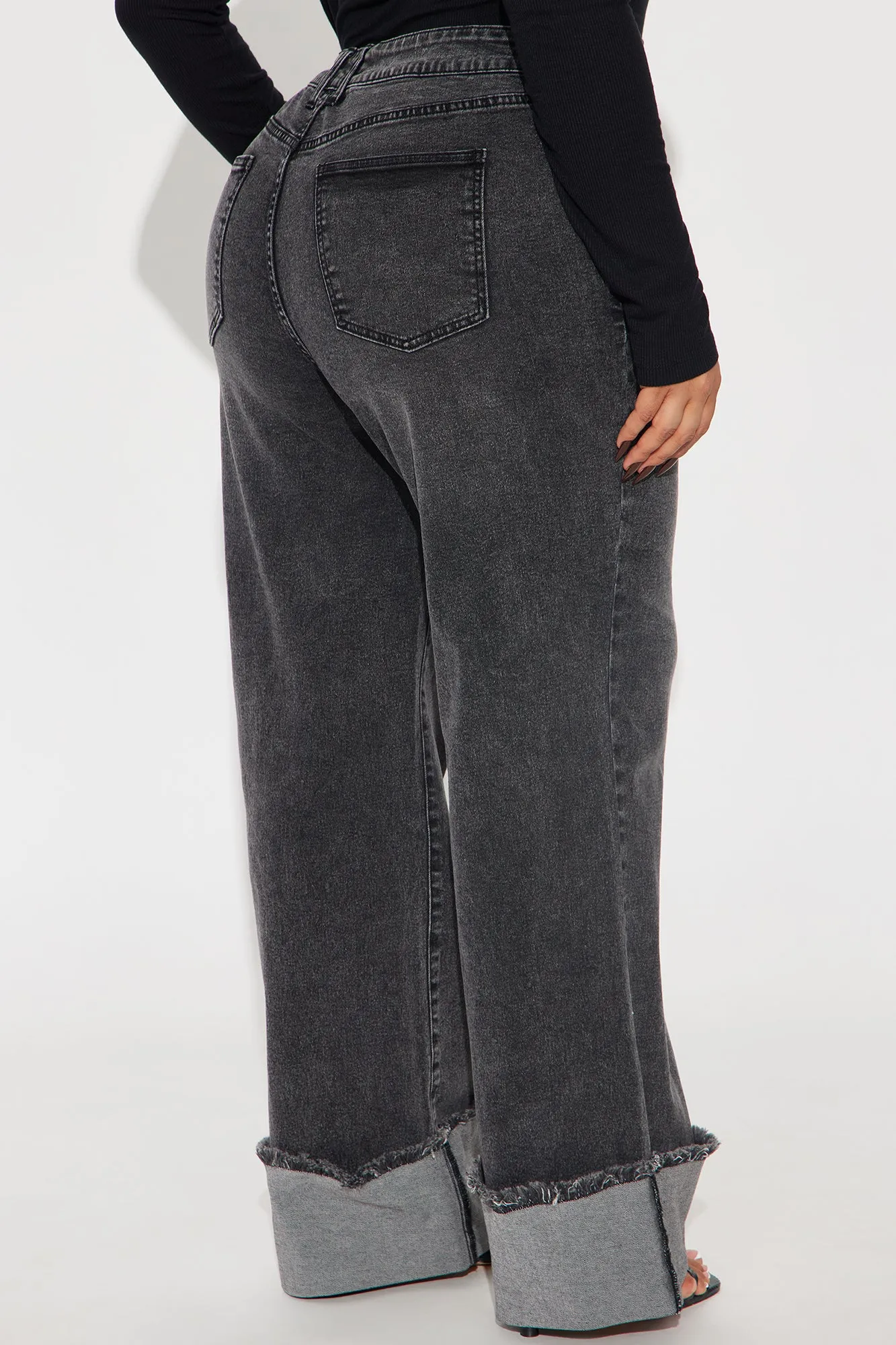 All The While Cuffed Wide Leg Jeans - Black Wash