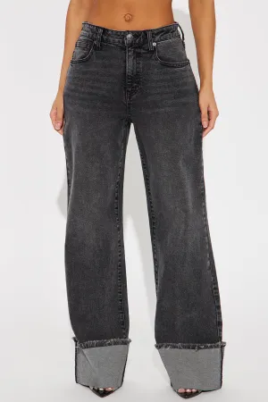 All The While Cuffed Wide Leg Jeans - Black Wash