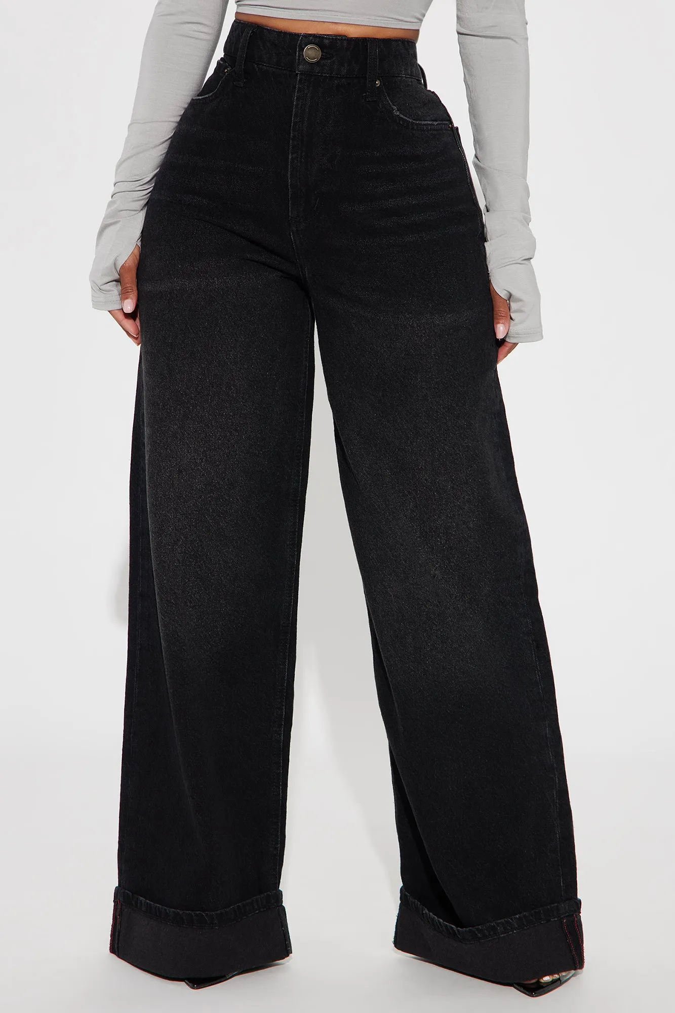 Anika Cuffed Wide Leg Jeans - Black Wash