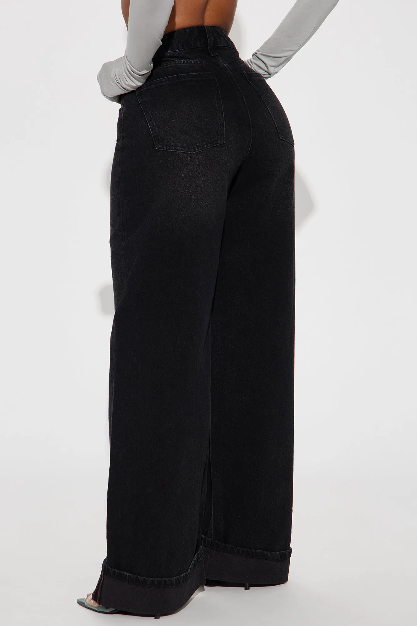 Anika Cuffed Wide Leg Jeans - Black Wash