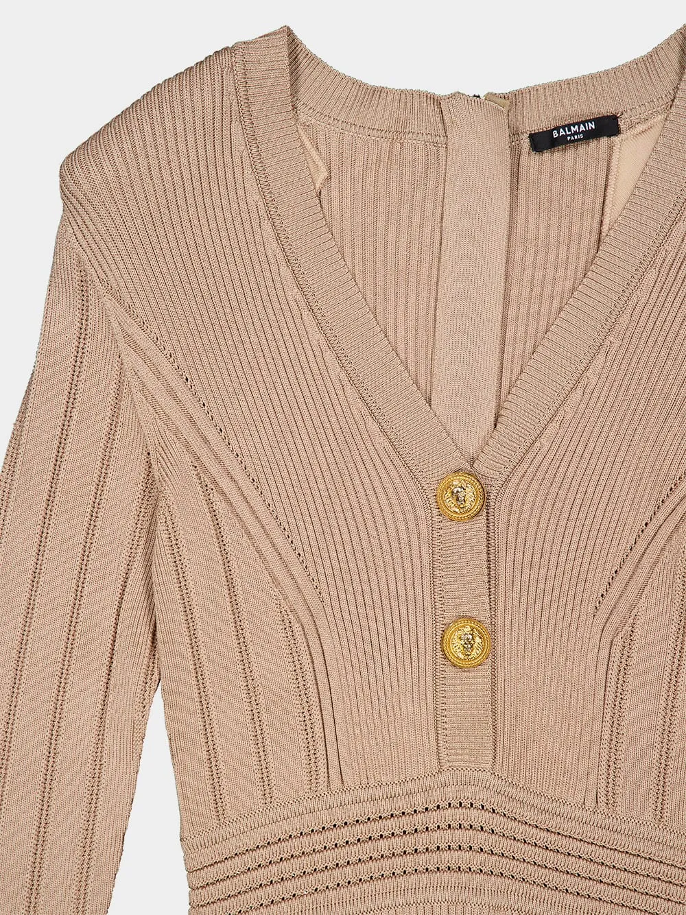 Beige Ribbed-Knit Mini Dress