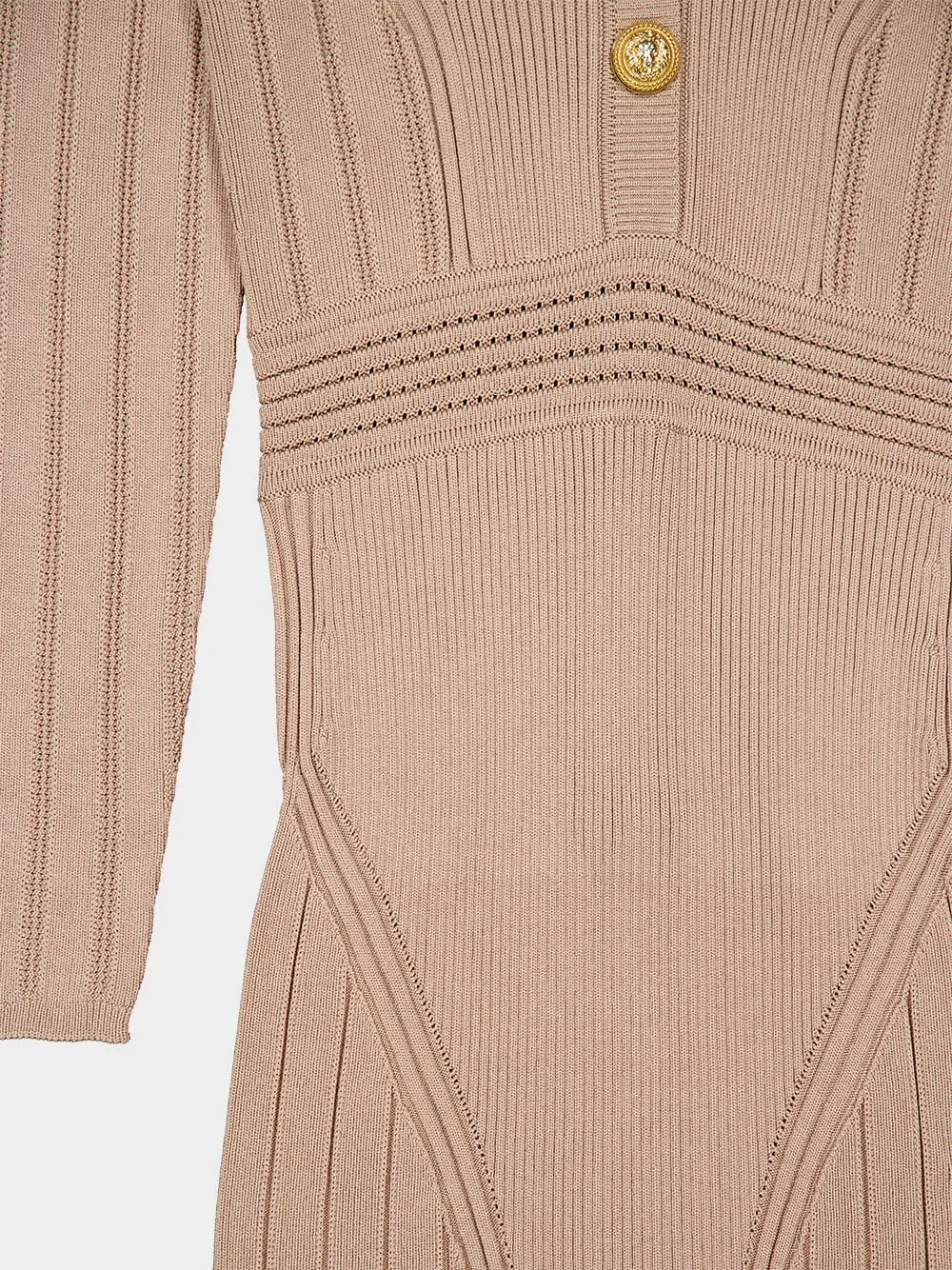 Beige Ribbed-Knit Mini Dress