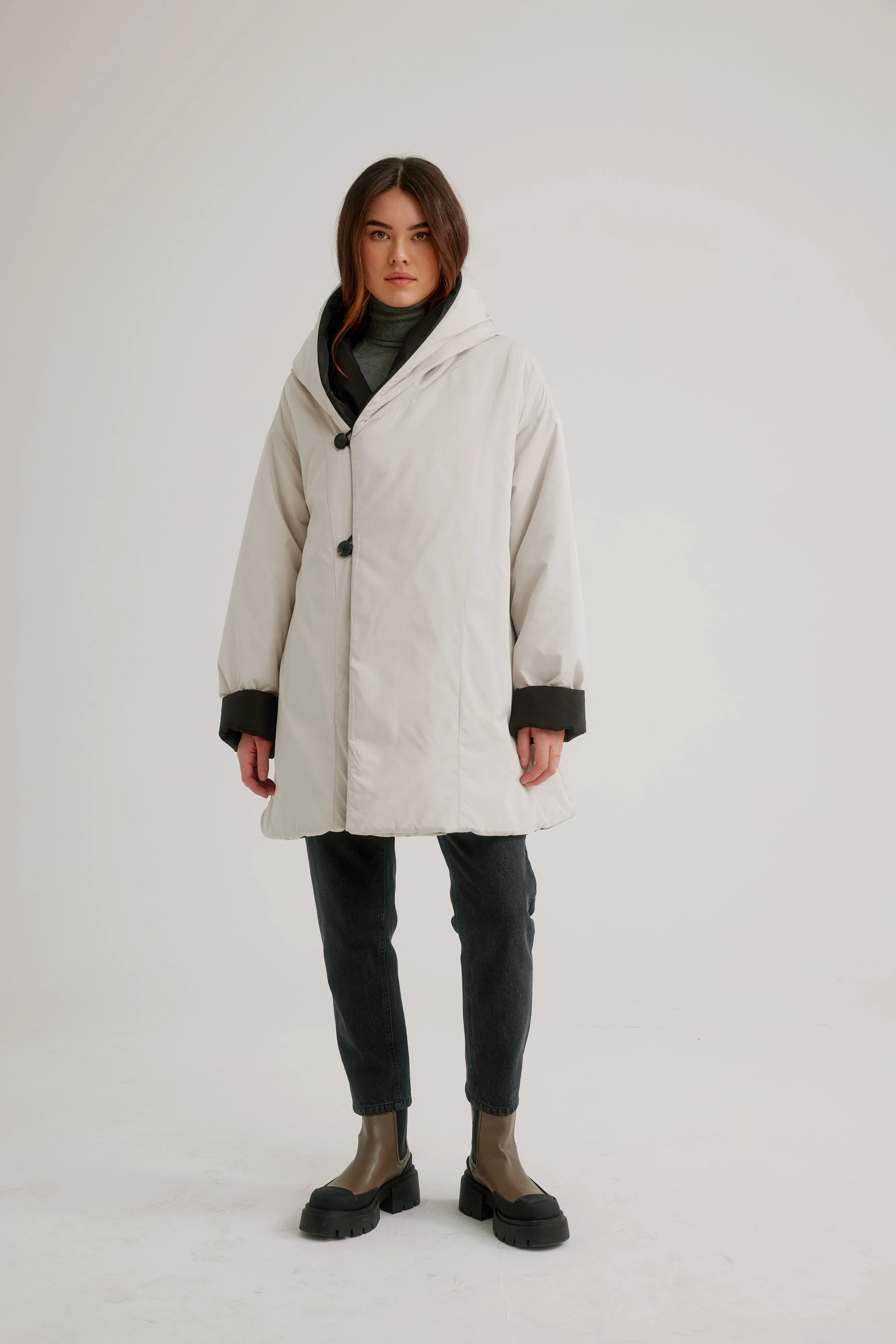 Button Front Reversible Swing Coat W/ Shawl Hood