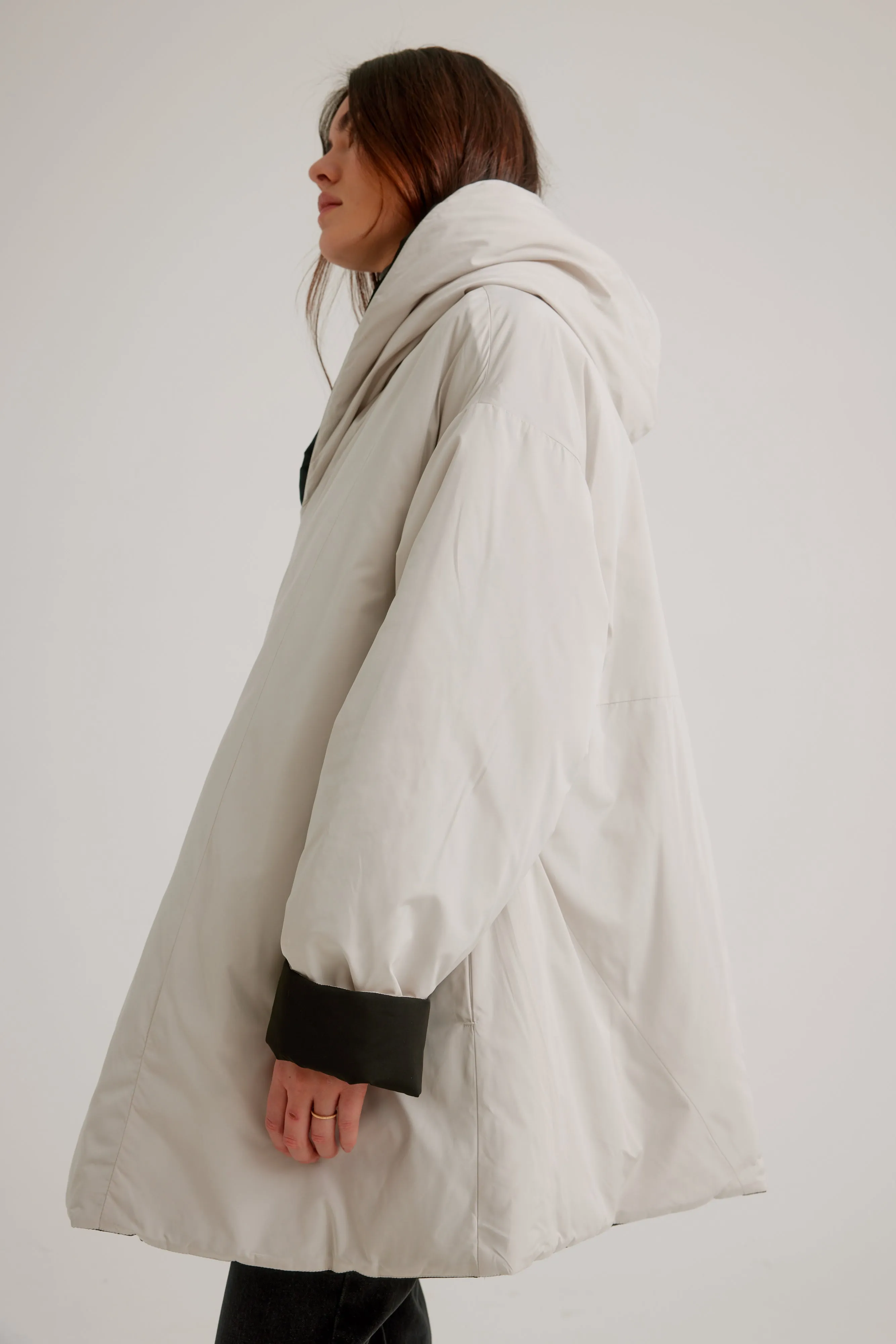 Button Front Reversible Swing Coat W/ Shawl Hood