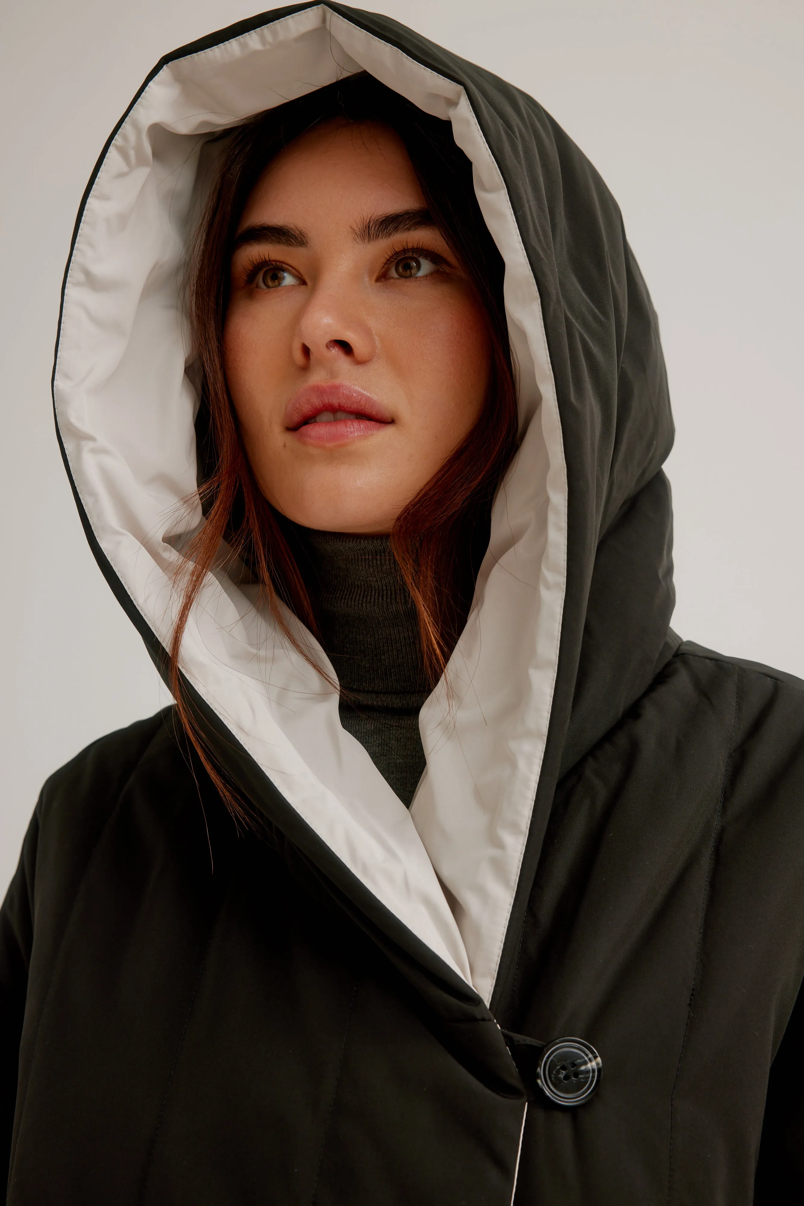 Button Front Reversible Swing Coat W/ Shawl Hood