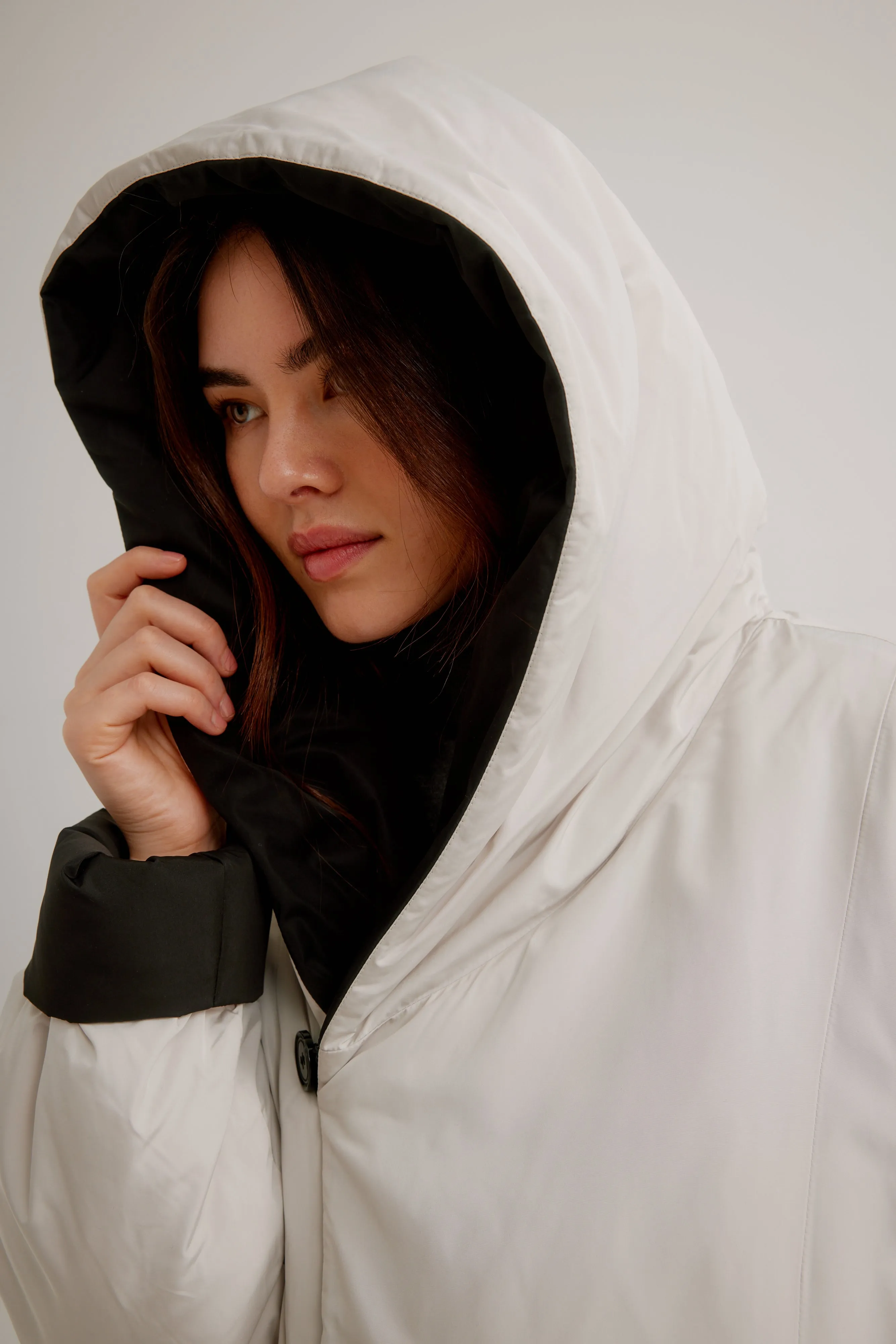 Button Front Reversible Swing Coat W/ Shawl Hood