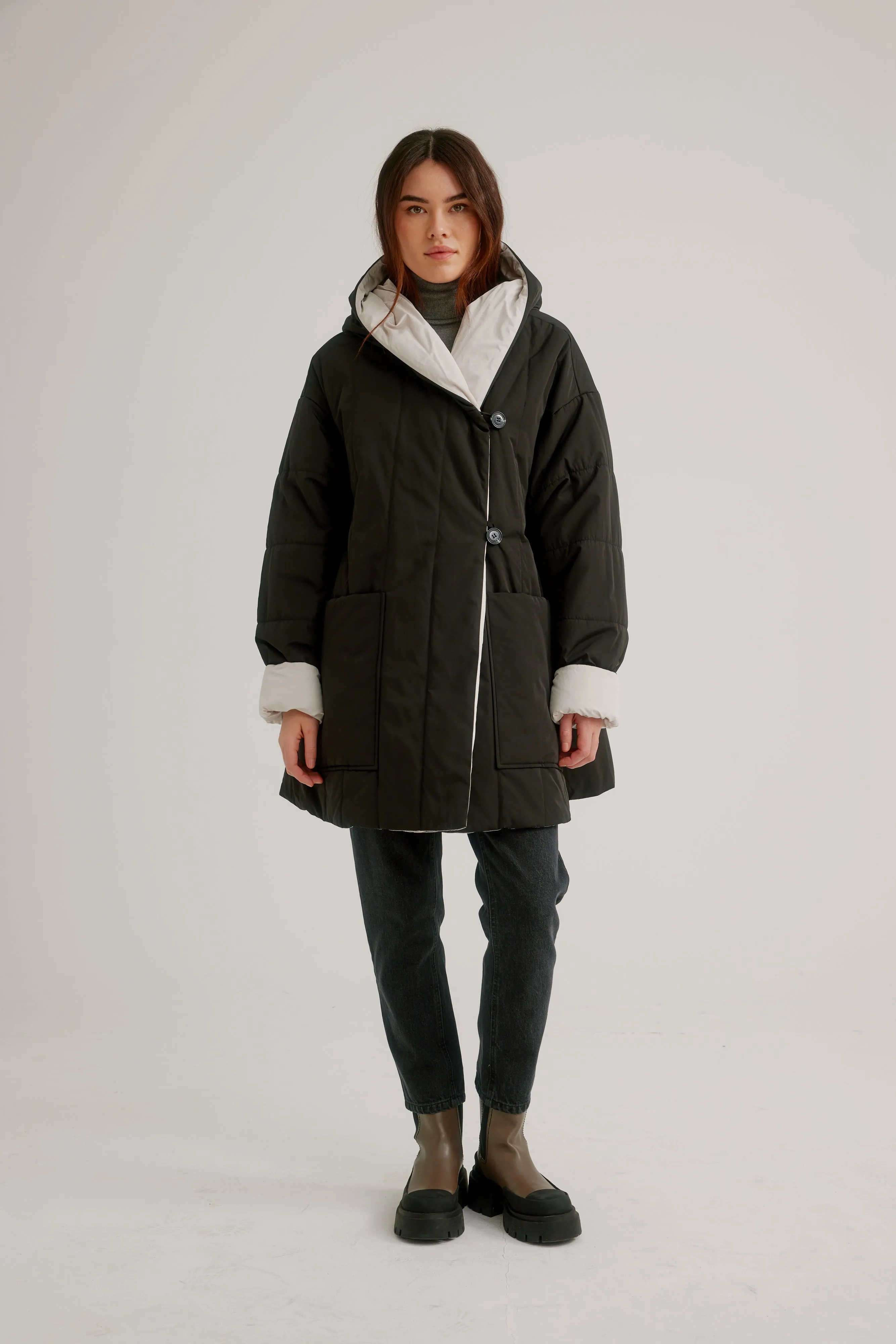 Button Front Reversible Swing Coat W/ Shawl Hood