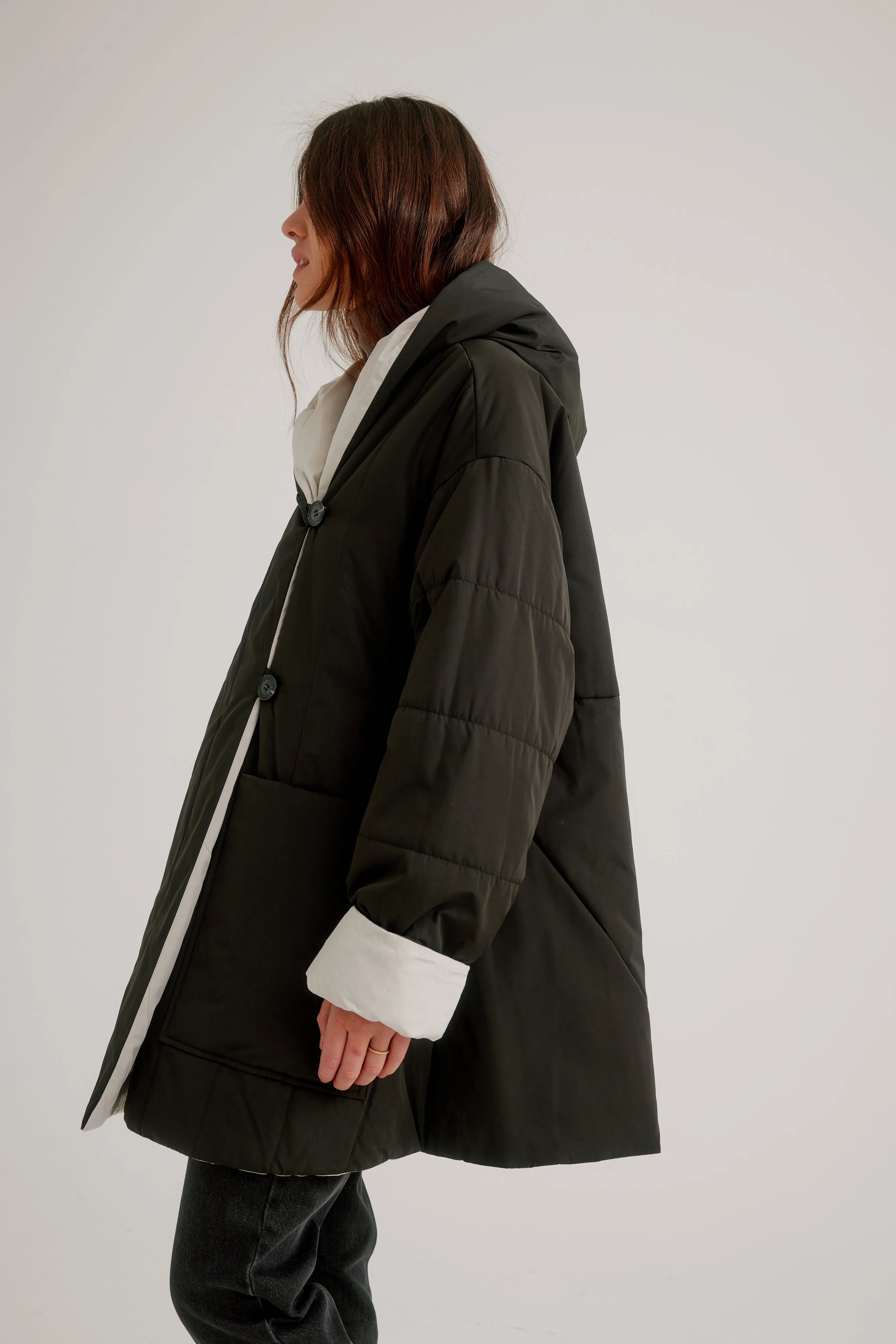 Button Front Reversible Swing Coat W/ Shawl Hood