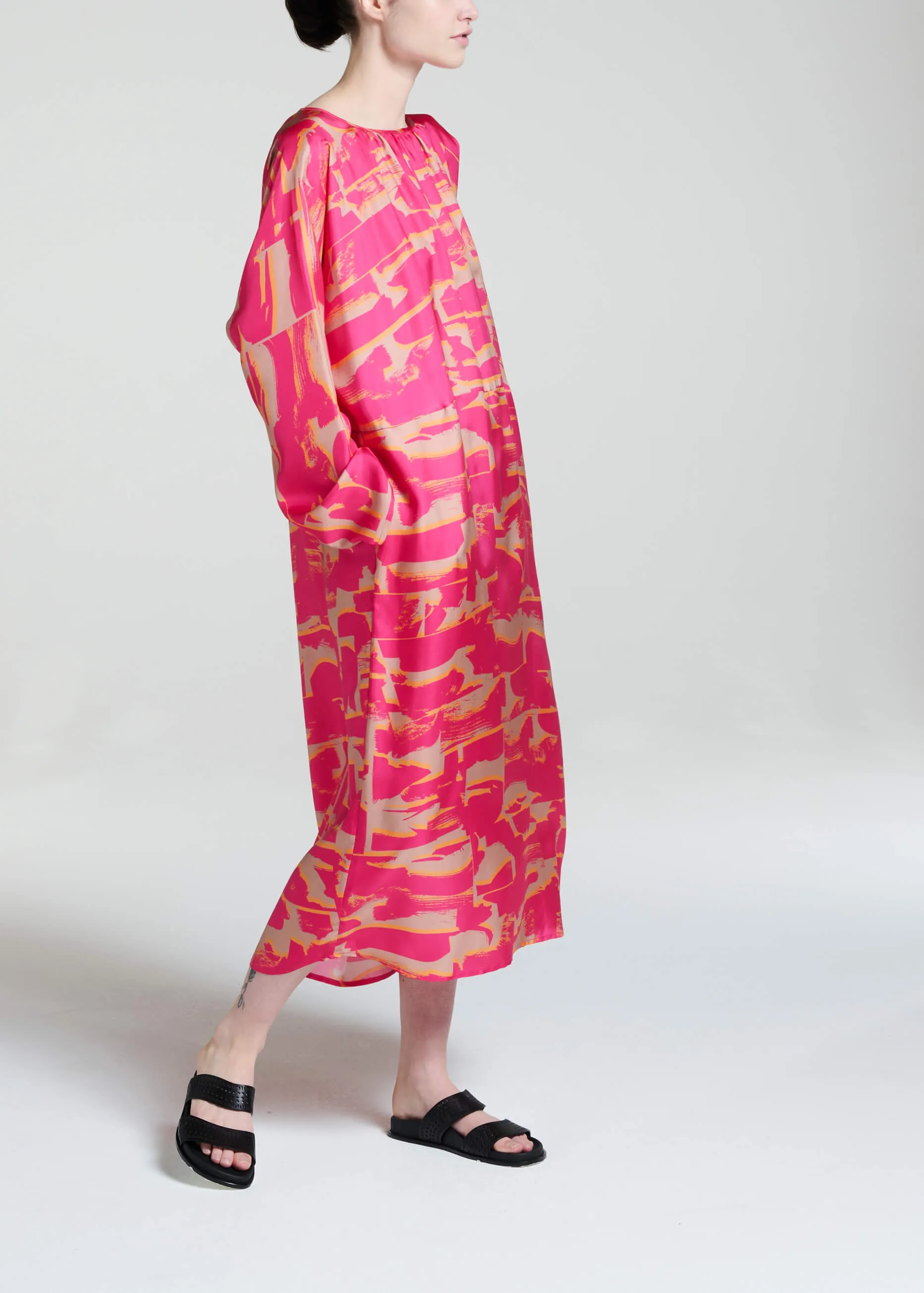 Crete Dress Brush Stroke Pink Silk Twill