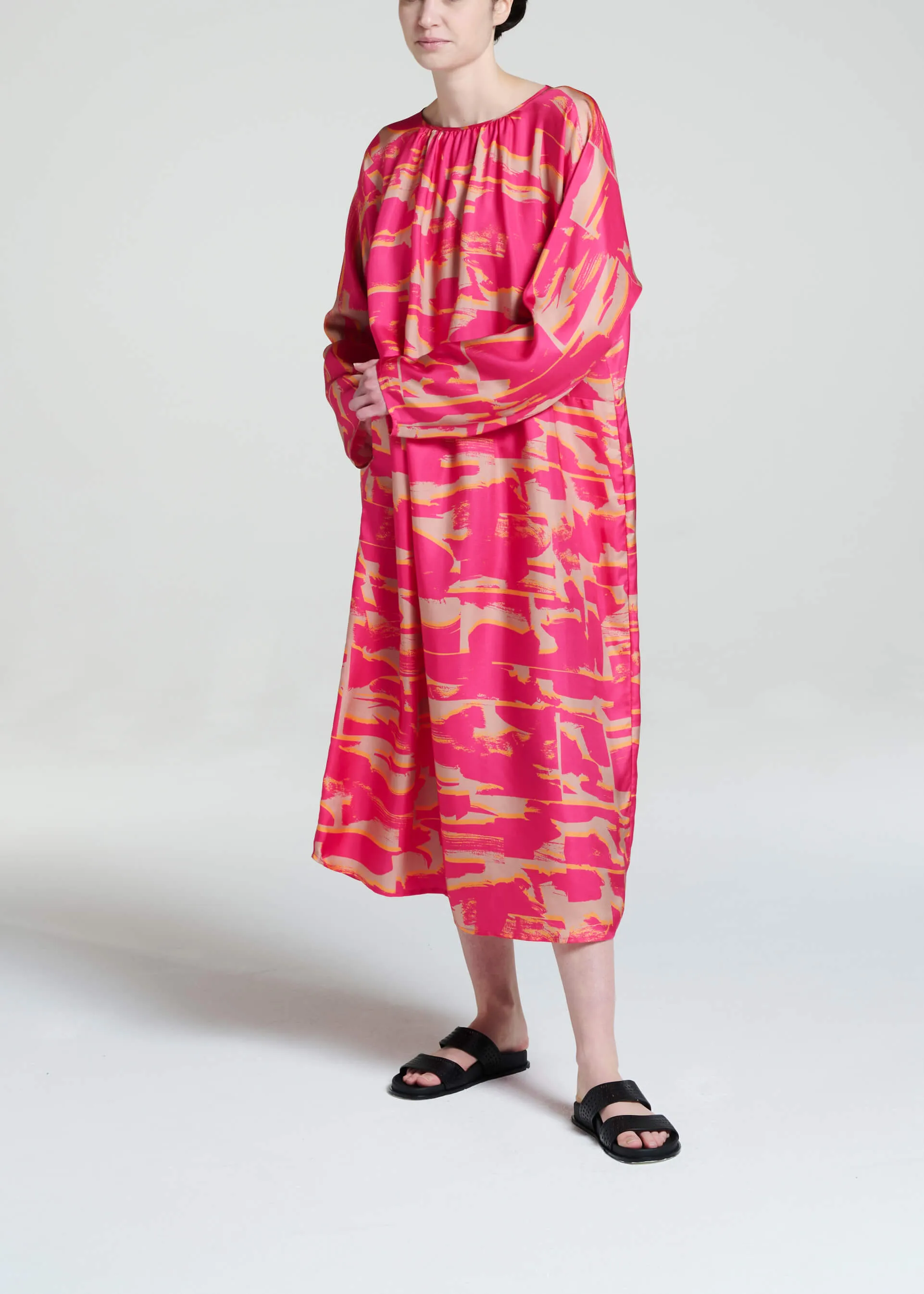 Crete Dress Brush Stroke Pink Silk Twill