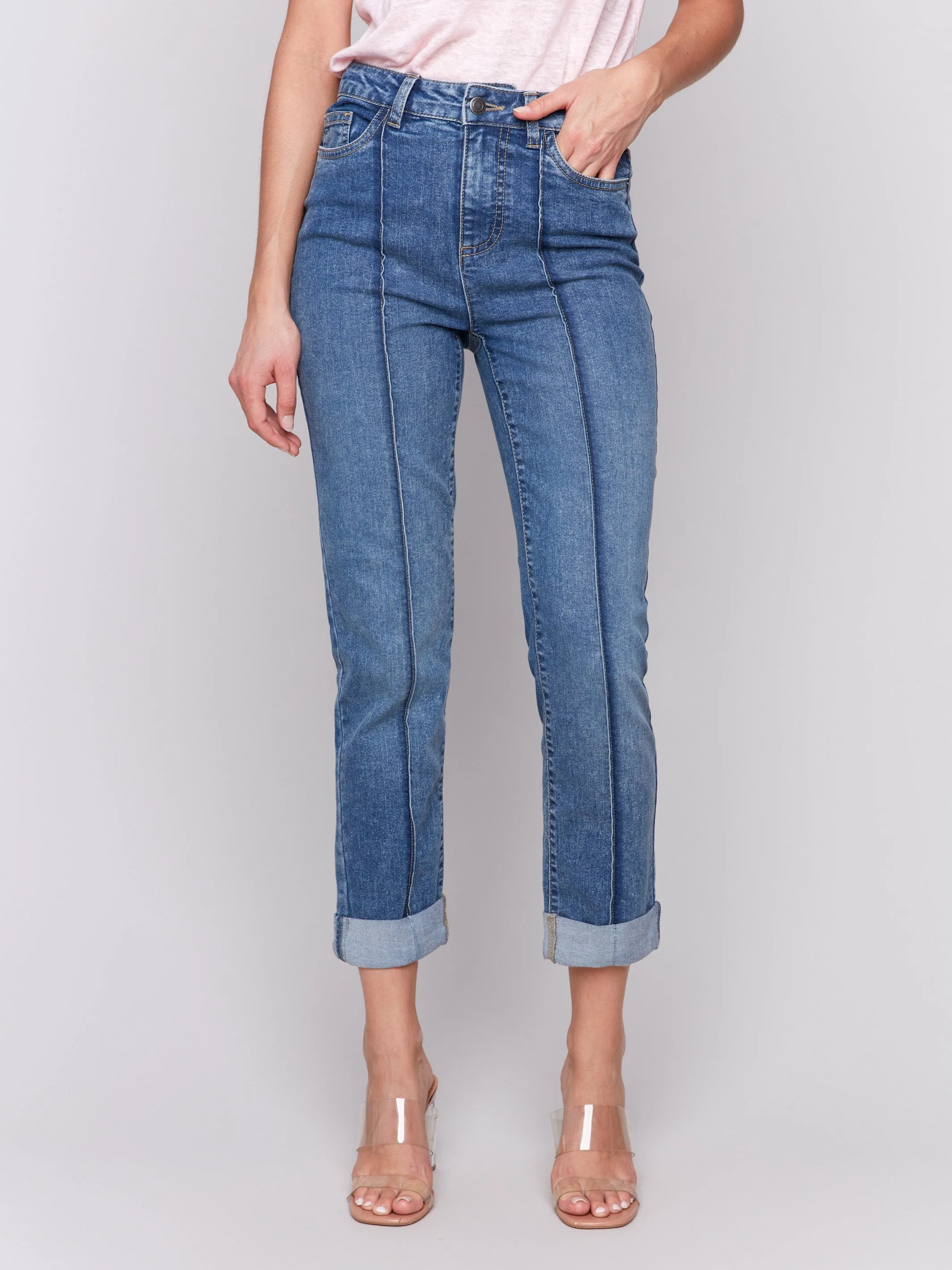 Cropped Pin Tuck Jeans - Medium Blue