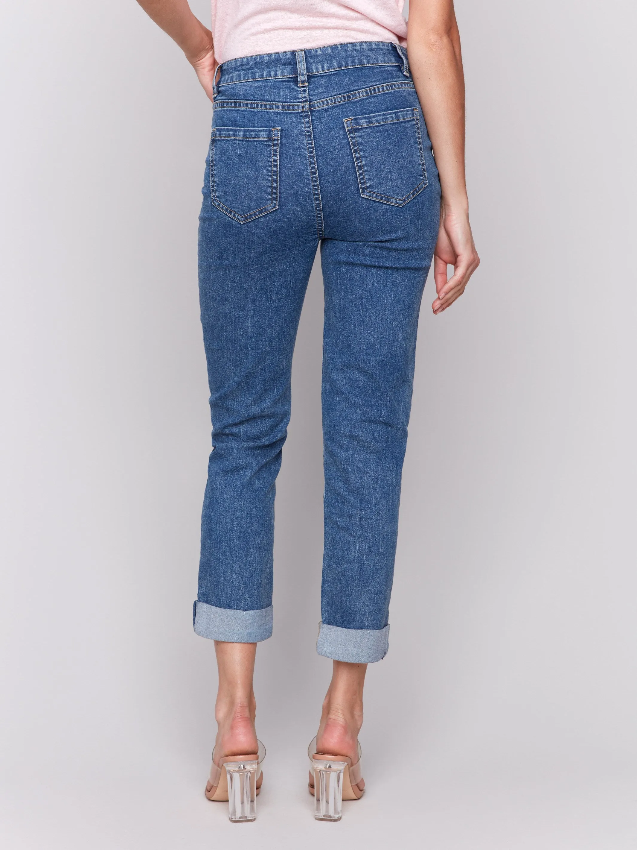 Cropped Pin Tuck Jeans - Medium Blue