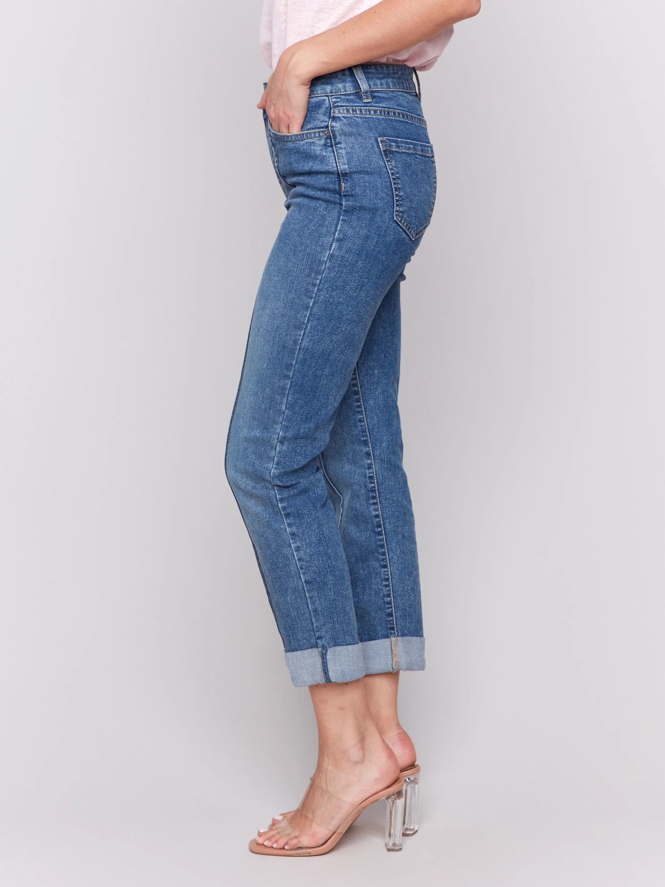 Cropped Pin Tuck Jeans - Medium Blue