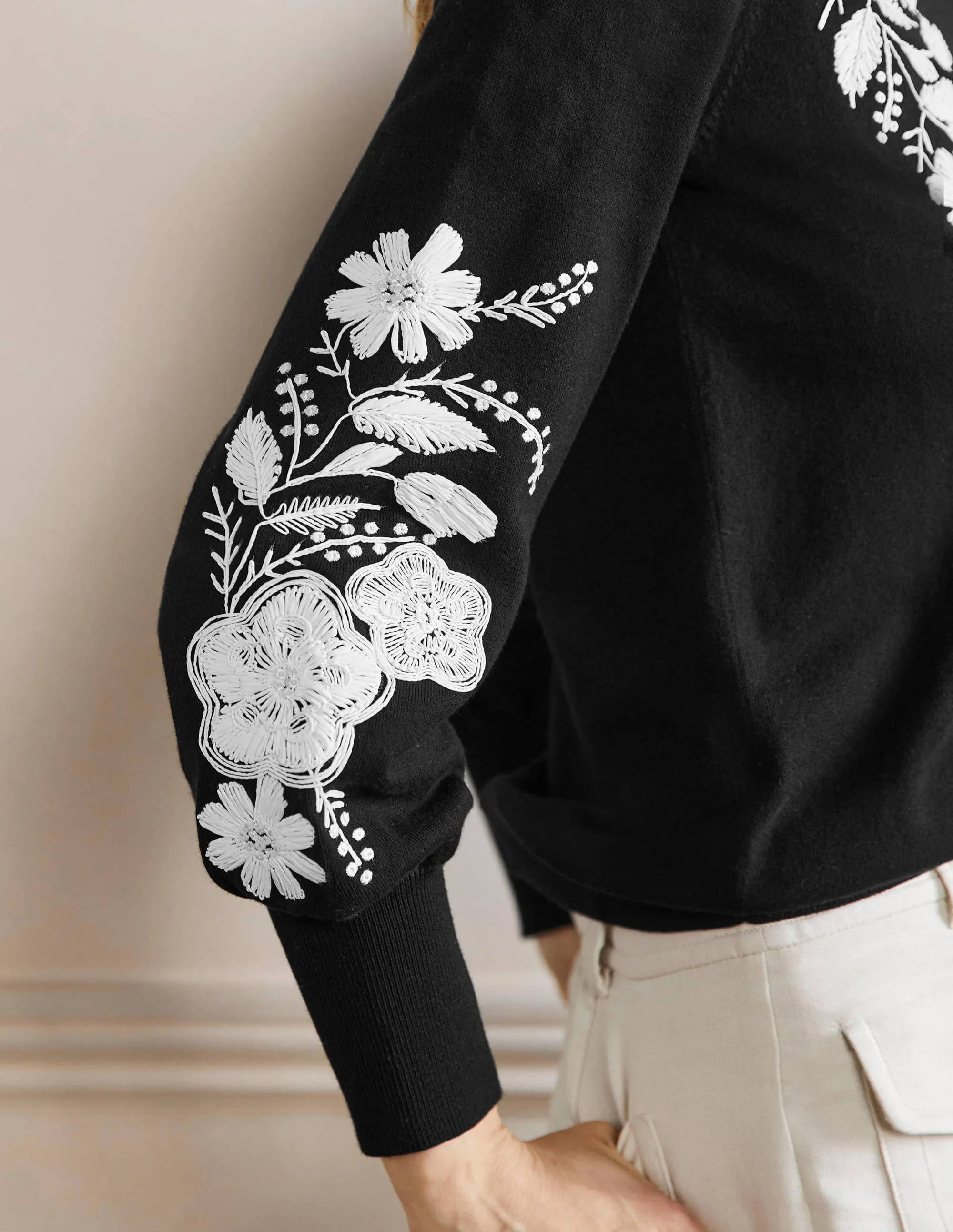 Embroidered Blouson Cardigan-Black