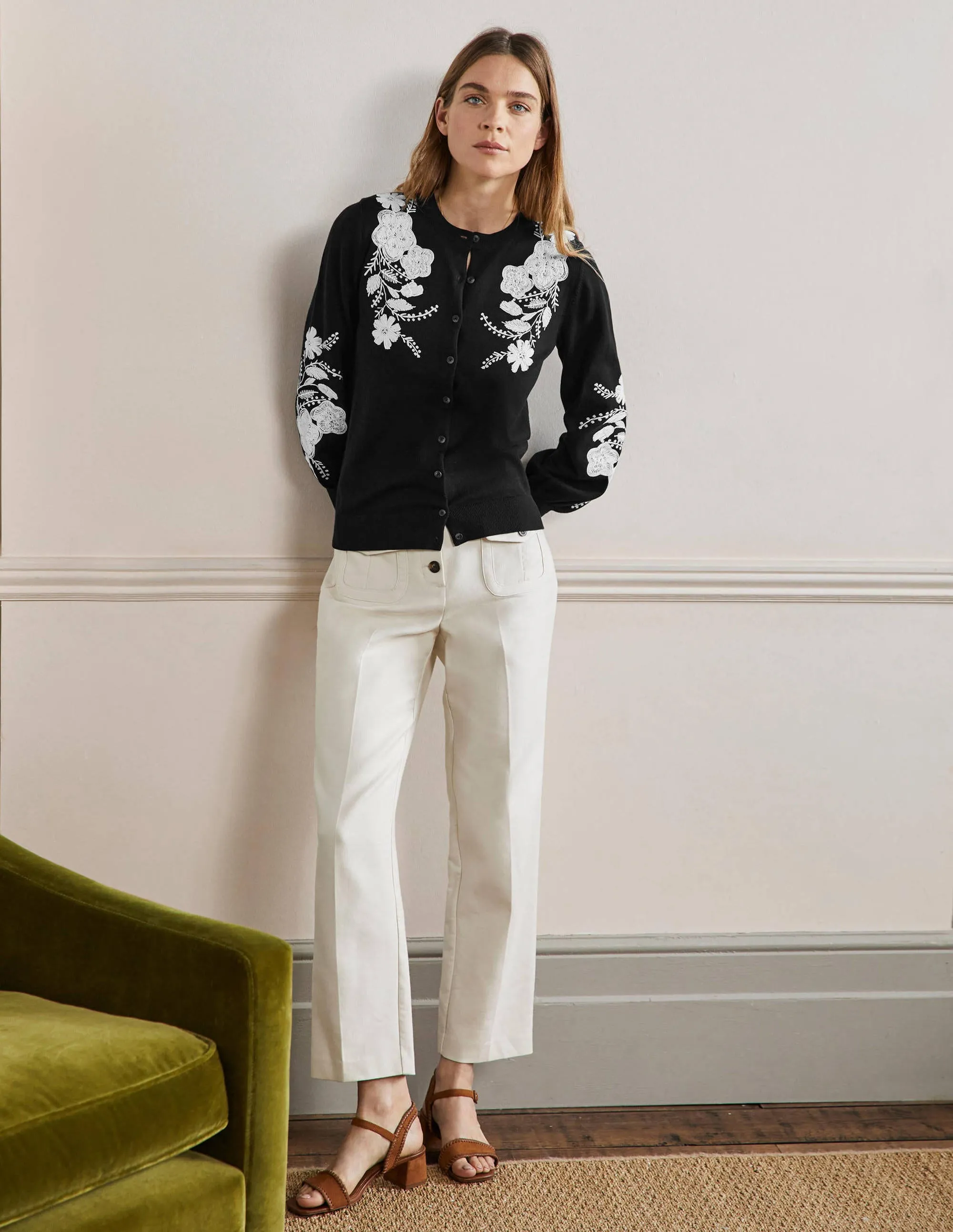 Embroidered Blouson Cardigan-Black