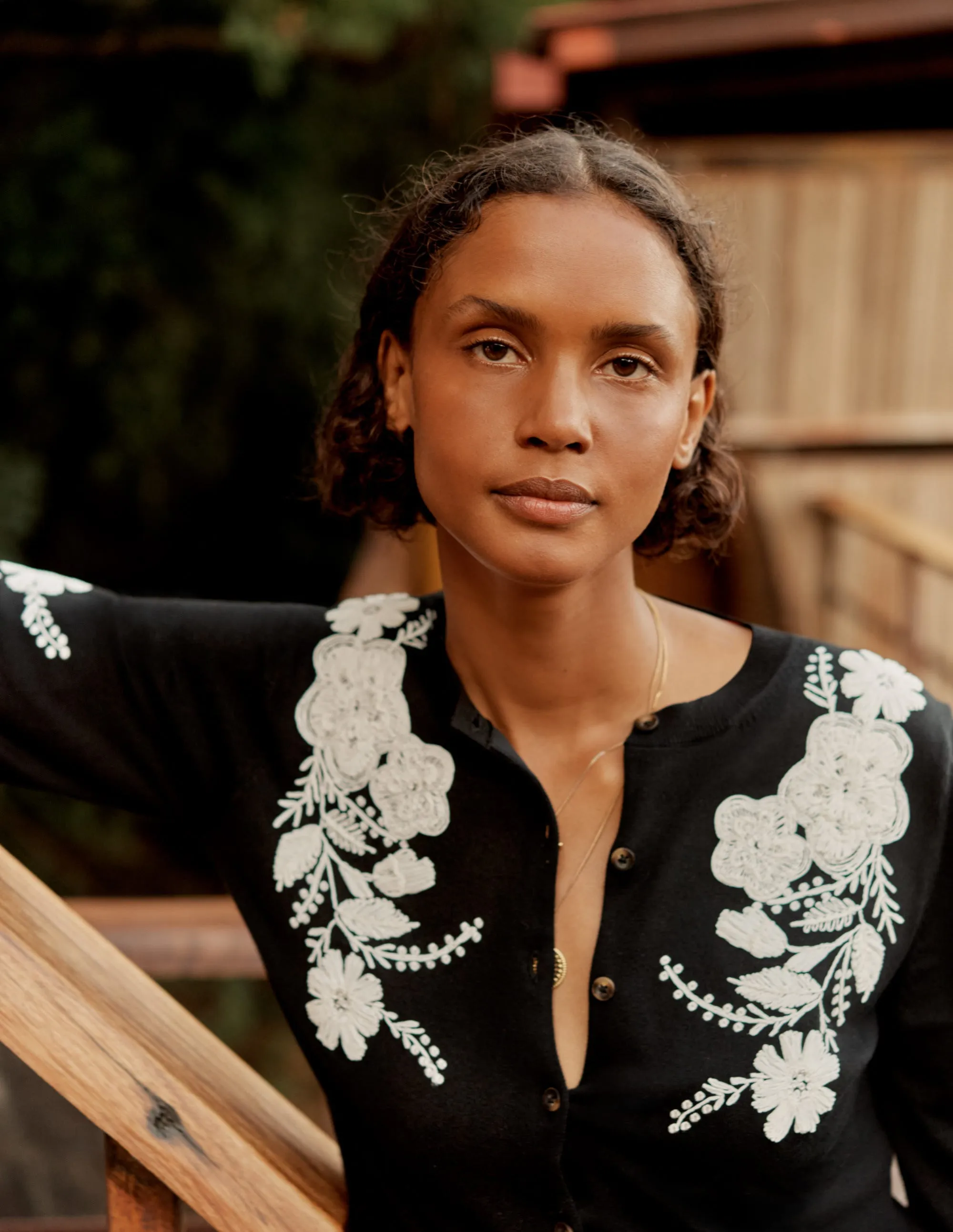 Embroidered Blouson Cardigan-Black