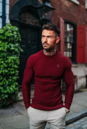 Father Sons Burgundy Knitted Honeycomb Raglan Crew Super Slim Sweater With Metal Decal - FSN065