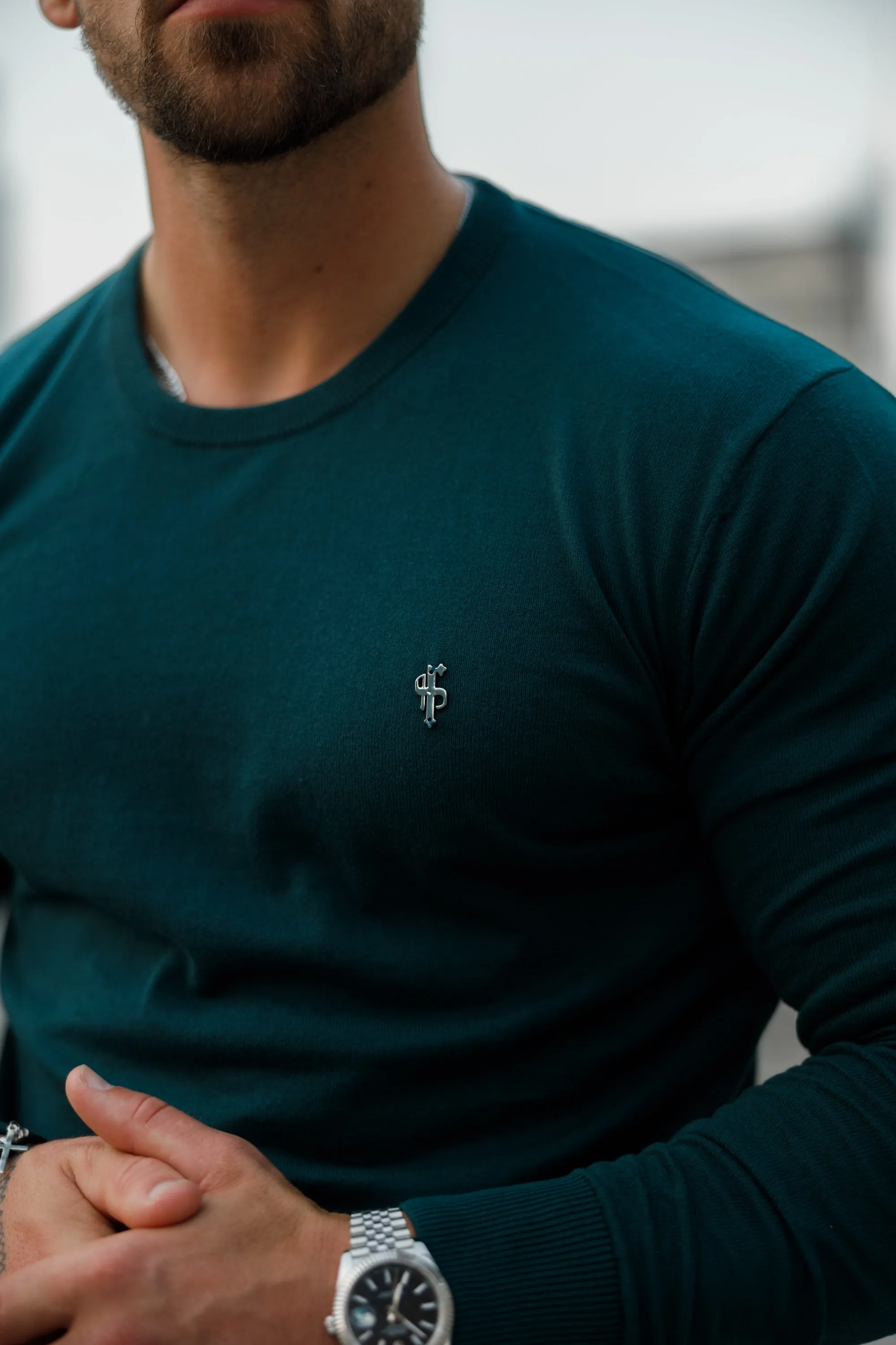 Father Sons Classic Forest Green Light Weight Knitted Crew Neck Sweater with Metal Decal - FSN095
