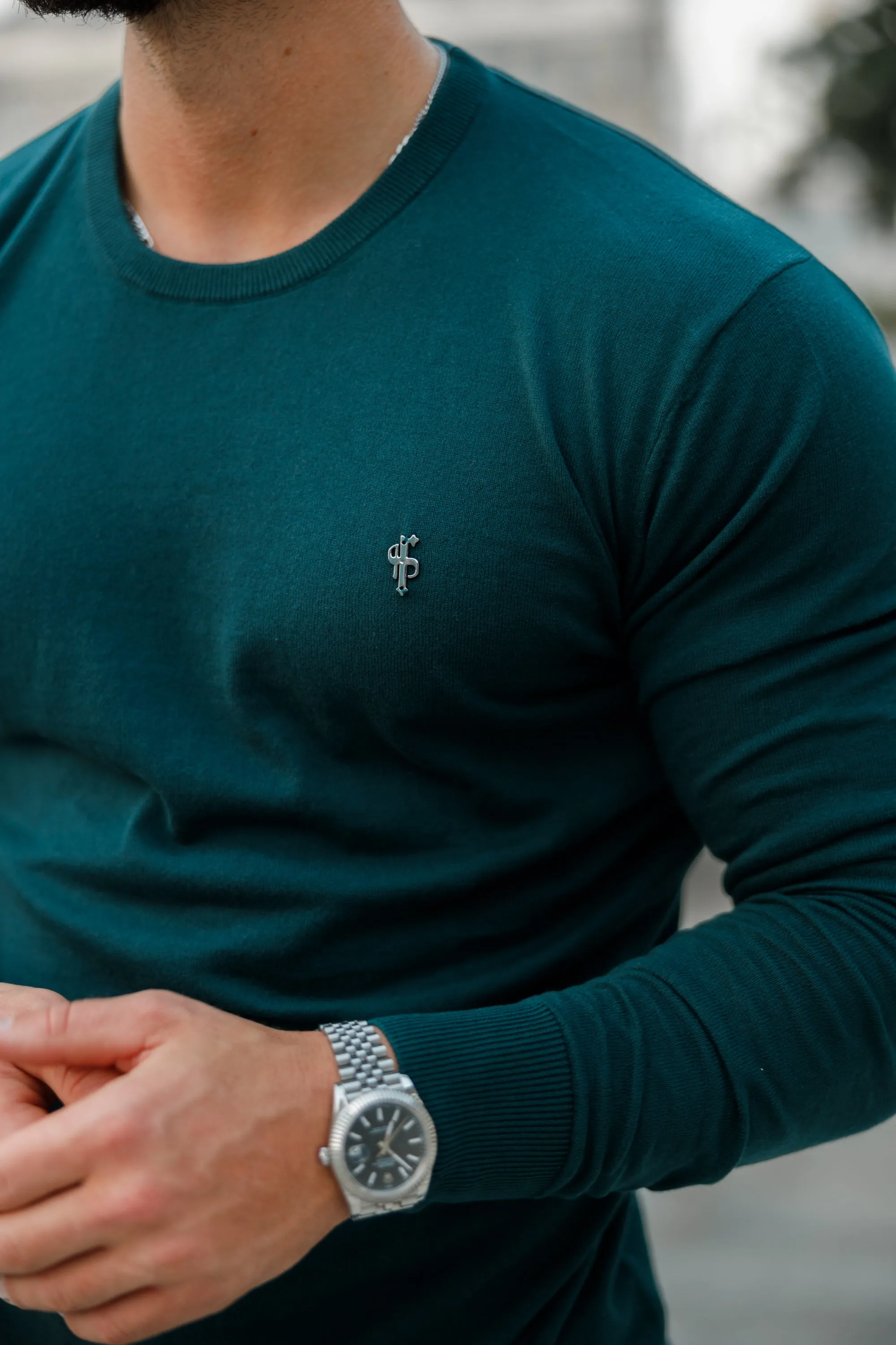 Father Sons Classic Forest Green Light Weight Knitted Crew Neck Sweater with Metal Decal - FSN095