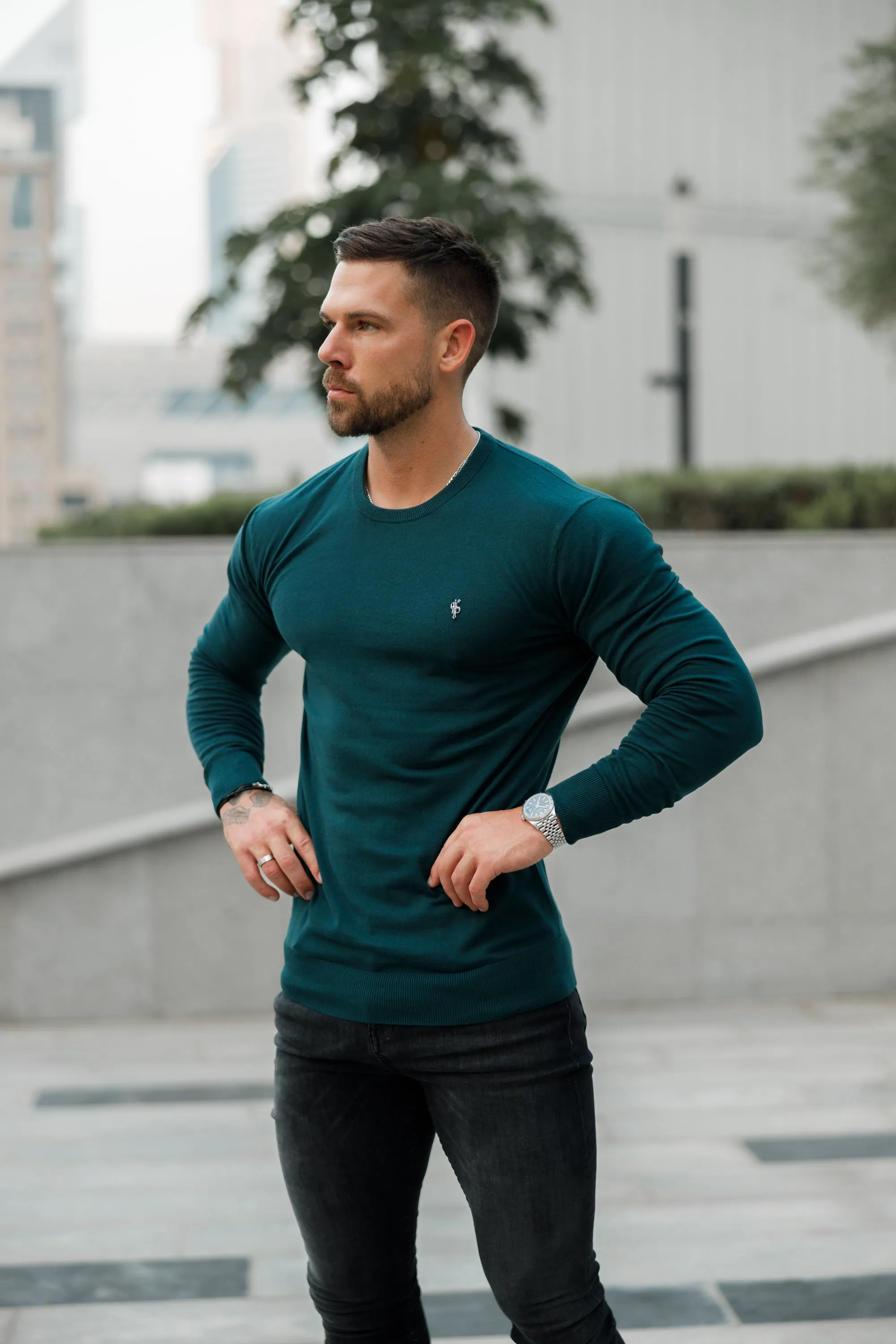 Father Sons Classic Forest Green Light Weight Knitted Crew Neck Sweater with Metal Decal - FSN095