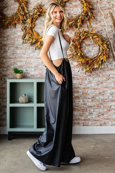 First Love Drawstring Back Spaghetti Strap Wide Leg Jumpsuit