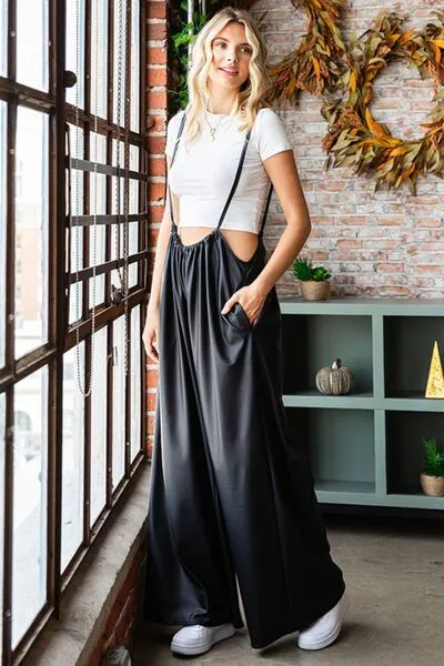 First Love Drawstring Back Spaghetti Strap Wide Leg Jumpsuit