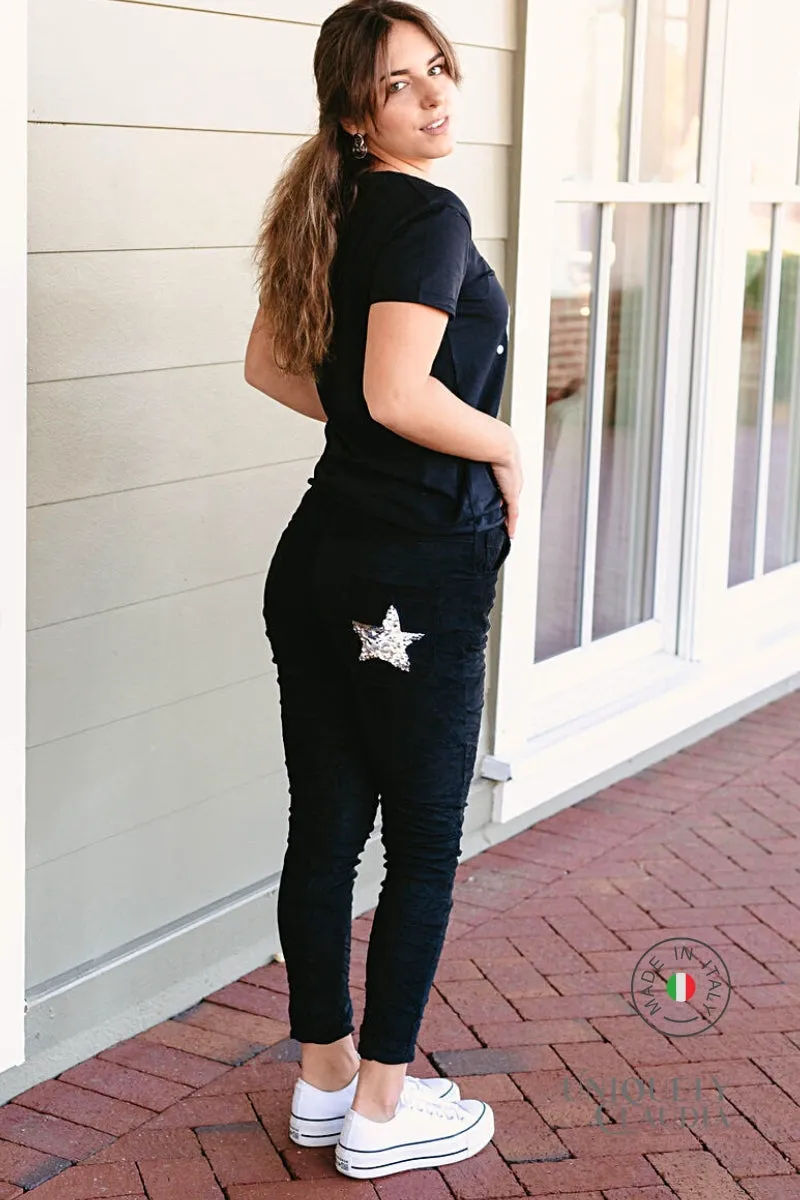 Giulia Black Suede Sequined Star Joggers