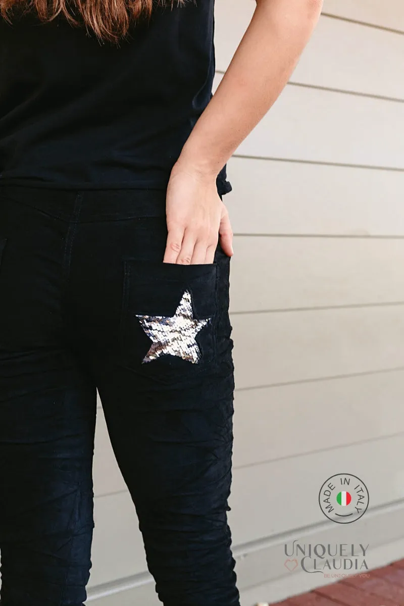 Giulia Black Suede Sequined Star Joggers