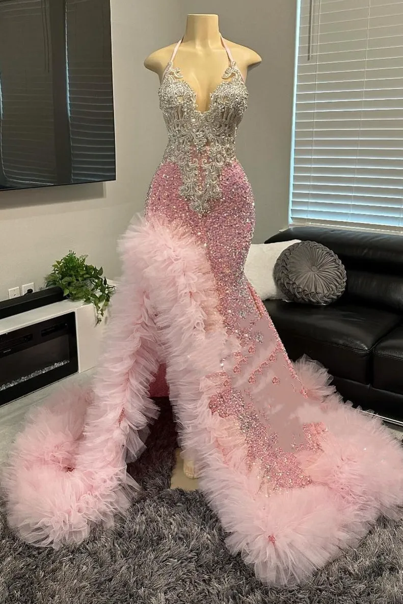 kamahe Pink Halter Tulle Ruffles High Split Prom Dresses
