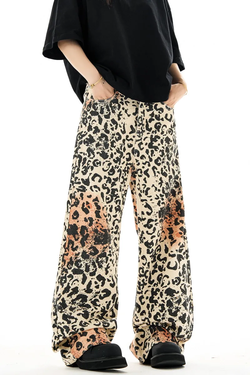 Leopard Print Straight Leg Jeans Vintage High Street Slacks