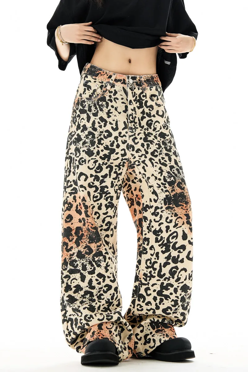 Leopard Print Straight Leg Jeans Vintage High Street Slacks