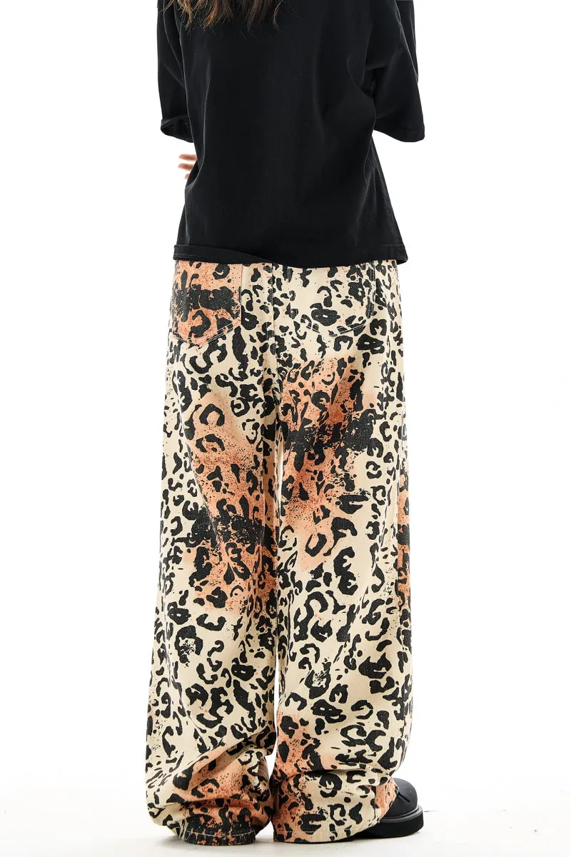 Leopard Print Straight Leg Jeans Vintage High Street Slacks