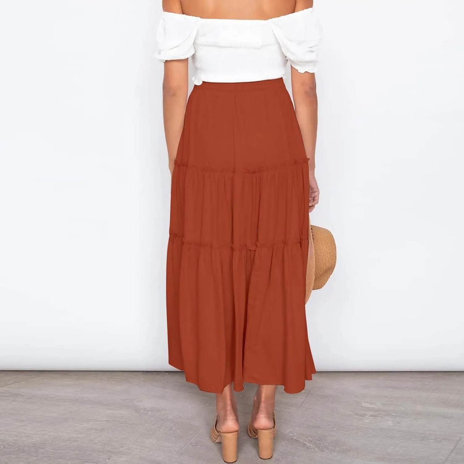 Long Skirts for Women Boho High Waisted Trendy A-Line Cute Skirts Solid Color Ruffle Pleated Skirt Maxi Skirt